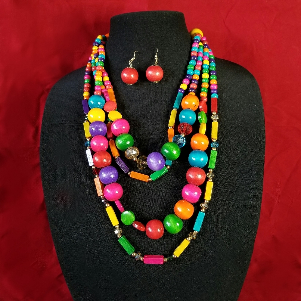 Fashion Jewelry Multi Strand Necklace Set Vibrant Acrylic And Wood Beads